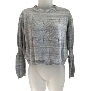 First Base Small Sweater Pullover Crewneck Gray Logo Ruched Sleeves